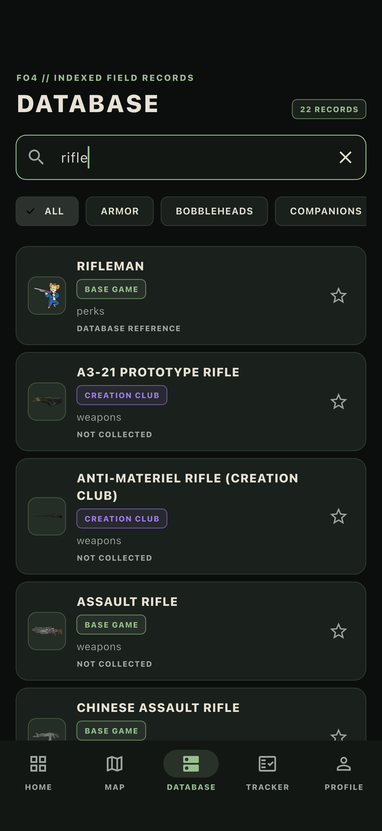 Searchable weapons database
